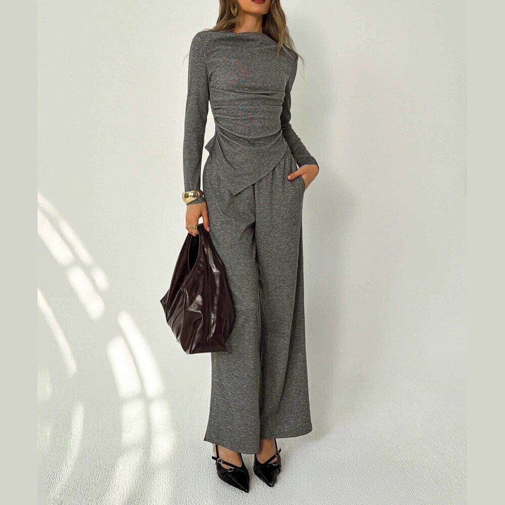 Heather Gray Ruched Asymmetric Top and Wide Leg Pants Set